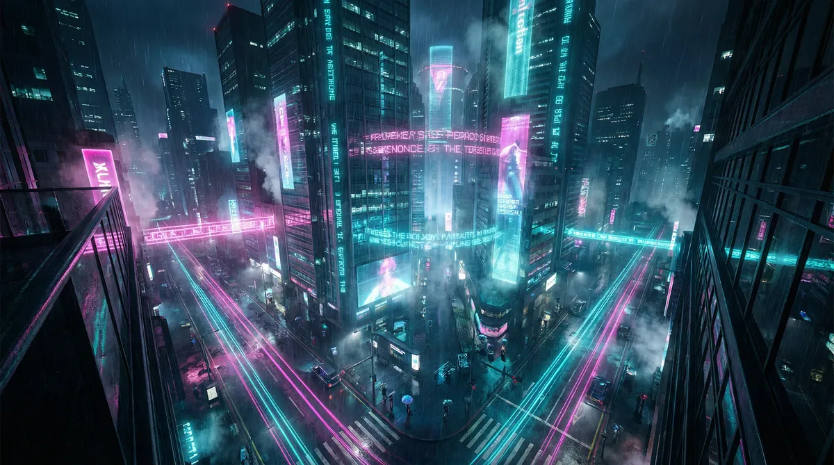 华人论坛 丫丫 竖屏短剧平台首页背景 - 赛博朋克都市夜景